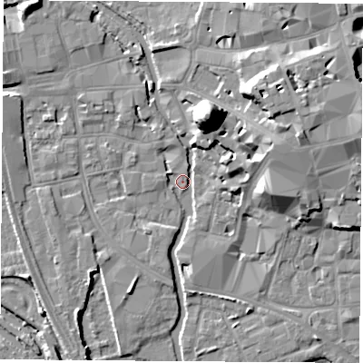 Shaded relief map of the ground around OX11HF, computed from Environment Agency LiDAR. The ground here sits at about 57 m above sea level and falls 22 m across the surrounding 800 m. Surface water reaching this point runs off ground lying to the north-north-east, 20.6 m higher.