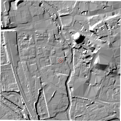 Shaded relief map of the ground around OX11HG, computed from Environment Agency LiDAR. The ground here sits at about 57 m above sea level and falls 22 m across the surrounding 800 m. Surface water reaching this point runs off ground lying to the north, 1.8 m higher.