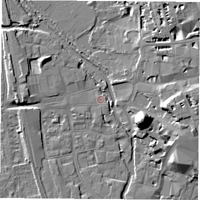 Shaded relief map of the ground around OX11HH, computed from Environment Agency LiDAR. The ground here sits at about 58 m above sea level and falls 21 m across the surrounding 800 m. Surface water reaching this point runs off ground lying to the east-south-east, 0.8 m higher.
