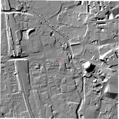 Shaded relief map of the ground around OX11HJ, computed from Environment Agency LiDAR. The ground here sits at about 57 m above sea level and falls 22 m across the surrounding 800 m. Surface water reaching this point runs off ground lying to the east-north-east, 1.4 m higher.