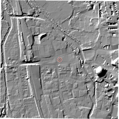 Shaded relief map of the ground around OX11HR, computed from Environment Agency LiDAR. The ground here sits at about 57 m above sea level and falls 22 m across the surrounding 800 m. Surface water reaching this point runs off ground lying to the north-west, 6.4 m higher.