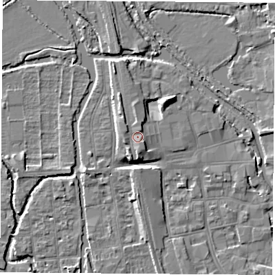 Shaded relief map of the ground around OX11HS, computed from Environment Agency LiDAR. The ground here sits at about 60 m above sea level and falls 7 m across the surrounding 800 m. Surface water reaching this point runs off ground lying to the north, 1.4 m higher.