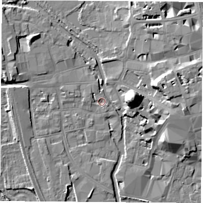 Shaded relief map of the ground around OX11HT, computed from Environment Agency LiDAR. The ground here sits at about 57 m above sea level and falls 22 m across the surrounding 800 m. Surface water reaching this point runs off ground lying to the north-north-west, 2.0 m higher.