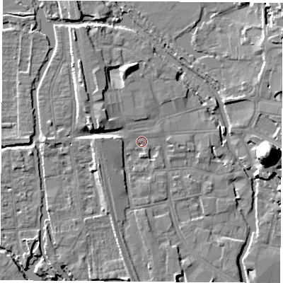 Shaded relief map of the ground around OX11HU, computed from Environment Agency LiDAR. The ground here sits at about 57 m above sea level and falls 22 m across the surrounding 800 m. Surface water reaching this point runs off ground lying to the west-north-west, 5.7 m higher.