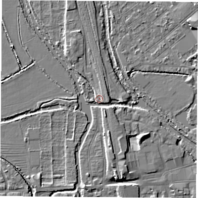 Shaded relief map of the ground around OX11HW, computed from Environment Agency LiDAR. The ground here sits at about 58 m above sea level and falls 7 m across the surrounding 800 m. Surface water reaching this point runs off ground lying to the south-south-east, 4.0 m higher.