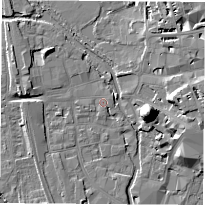 Shaded relief map of the ground around OX11JD, computed from Environment Agency LiDAR. The ground here sits at about 58 m above sea level and falls 22 m across the surrounding 800 m. Surface water reaching this point runs off ground lying to the east-north-east, 1.4 m higher.