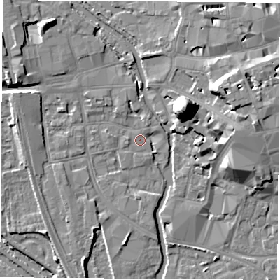 Shaded relief map of the ground around OX11JE, computed from Environment Agency LiDAR. The ground here sits at about 57 m above sea level and falls 22 m across the surrounding 800 m. Surface water reaching this point runs off ground lying to the west, 1.7 m higher.
