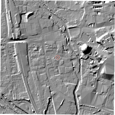 Shaded relief map of the ground around OX11JF, computed from Environment Agency LiDAR. The ground here sits at about 57 m above sea level and falls 22 m across the surrounding 800 m. Surface water reaching this point runs off ground lying to the north-north-west, 6.4 m higher.