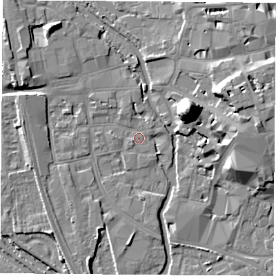 Shaded relief map of the ground around OX11JG, computed from Environment Agency LiDAR. The ground here sits at about 57 m above sea level and falls 22 m across the surrounding 800 m. Surface water reaching this point runs off ground lying to the north-west, 6.4 m higher.