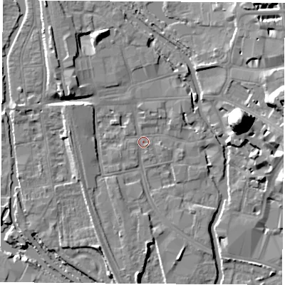 Shaded relief map of the ground around OX11JH, computed from Environment Agency LiDAR. The ground here sits at about 57 m above sea level and falls 22 m across the surrounding 800 m. Surface water reaching this point runs off ground lying to the west-north-west, 5.7 m higher.
