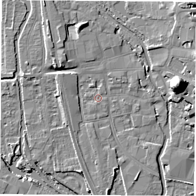 Shaded relief map of the ground around OX11JL, computed from Environment Agency LiDAR. The ground here sits at about 57 m above sea level and falls 22 m across the surrounding 800 m. Surface water reaching this point runs off ground lying to the north-west, 5.7 m higher.