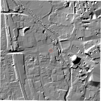Shaded relief map of the ground around OX11JQ, computed from Environment Agency LiDAR. The ground here sits at about 58 m above sea level and falls 21 m across the surrounding 800 m. Surface water reaching this point runs off ground lying to the east, 1.4 m higher.