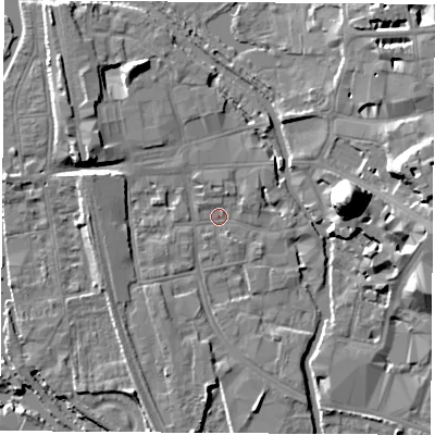 Shaded relief map of the ground around OX11JR, computed from Environment Agency LiDAR. The ground here sits at about 57 m above sea level and falls 22 m across the surrounding 800 m. Surface water reaching this point runs off ground lying to the north-north-west, 6.4 m higher.
