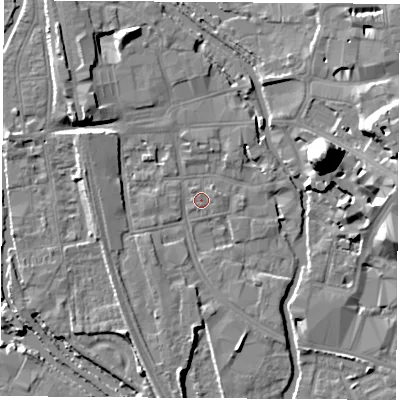 Shaded relief map of the ground around OX11JS, computed from Environment Agency LiDAR. The ground here sits at about 57 m above sea level and falls 22 m across the surrounding 800 m. Surface water reaching this point runs off ground lying to the east-north-east, 0.8 m higher.