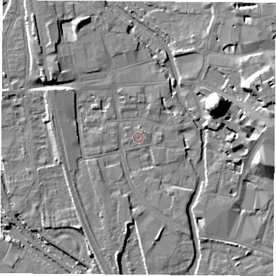 Shaded relief map of the ground around OX11JT, computed from Environment Agency LiDAR. The ground here sits at about 57 m above sea level and falls 22 m across the surrounding 800 m. Surface water reaching this point runs off ground lying to the north-east, 0.9 m higher.
