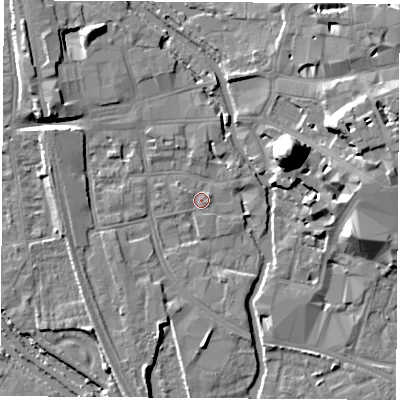 Shaded relief map of the ground around OX11JU, computed from Environment Agency LiDAR. The ground here sits at about 57 m above sea level and falls 22 m across the surrounding 800 m. Surface water reaching this point runs off ground lying to the north-north-west, 6.4 m higher.