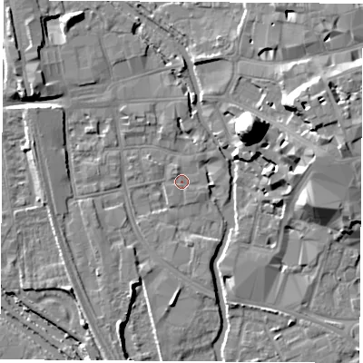 Shaded relief map of the ground around OX11JW, computed from Environment Agency LiDAR. The ground here sits at about 57 m above sea level and falls 22 m across the surrounding 800 m. Surface water reaching this point runs off ground lying to the north-north-east, 1.8 m higher.