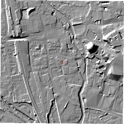 Shaded relief map of the ground around OX11JX, computed from Environment Agency LiDAR. The ground here sits at about 57 m above sea level and falls 22 m across the surrounding 800 m. Surface water reaching this point runs off ground lying to the north-north-west, 6.4 m higher.