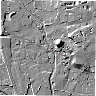 Shaded relief map of the ground around OX11JY, computed from Environment Agency LiDAR. The ground here sits at about 57 m above sea level and falls 22 m across the surrounding 800 m. Surface water reaching this point runs off ground lying to the east-north-east, 9.4 m higher.