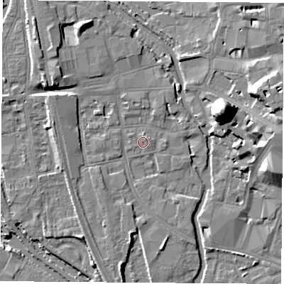 Shaded relief map of the ground around OX11LB, computed from Environment Agency LiDAR. The ground here sits at about 57 m above sea level and falls 22 m across the surrounding 800 m. Surface water reaching this point runs off ground lying to the north-east, 0.8 m higher.