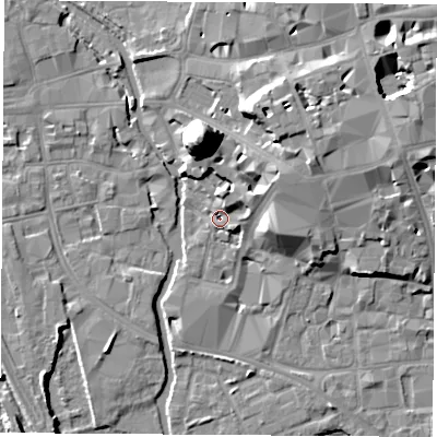 Shaded relief map of the ground around OX11LD, computed from Environment Agency LiDAR. The ground here sits at about 57 m above sea level and falls 21 m across the surrounding 800 m. Surface water reaching this point runs off ground lying to the east-north-east, 5.4 m higher.