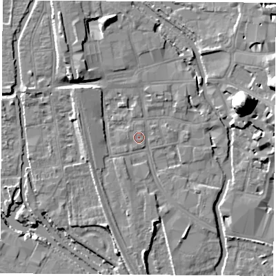 Shaded relief map of the ground around OX11LE, computed from Environment Agency LiDAR. The ground here sits at about 57 m above sea level and falls 22 m across the surrounding 800 m. Surface water reaching this point runs off ground lying to the north-north-east, 0.7 m higher.