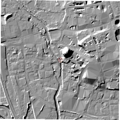 Shaded relief map of the ground around OX11NG, computed from Environment Agency LiDAR. The ground here sits at about 57 m above sea level and falls 22 m across the surrounding 800 m. Surface water reaching this point runs off ground lying to the north-east, 20.6 m higher.