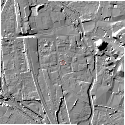 Shaded relief map of the ground around OX11NJ, computed from Environment Agency LiDAR. The ground here sits at about 57 m above sea level and falls 22 m across the surrounding 800 m. Surface water reaching this point runs off ground lying to the north-west, 5.7 m higher.