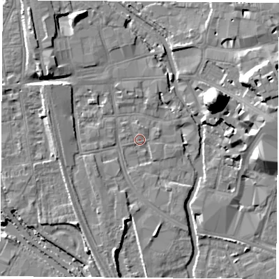 Shaded relief map of the ground around OX11NP, computed from Environment Agency LiDAR. The ground here sits at about 57 m above sea level and falls 22 m across the surrounding 800 m. Surface water reaching this point runs off ground lying to the north-north-west, 6.5 m higher.