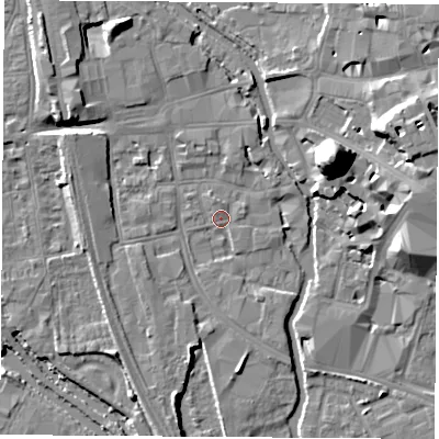 Shaded relief map of the ground around OX11NR, computed from Environment Agency LiDAR. The ground here sits at about 57 m above sea level and falls 22 m across the surrounding 800 m. Surface water reaching this point runs off ground lying to the north-north-west, 6.5 m higher.