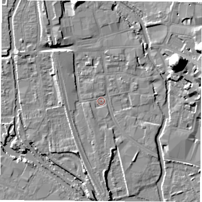 Shaded relief map of the ground around OX11NY, computed from Environment Agency LiDAR. The ground here sits at about 57 m above sea level and falls 22 m across the surrounding 800 m. Surface water reaching this point runs off ground lying to the south-south-east, 2.6 m higher.