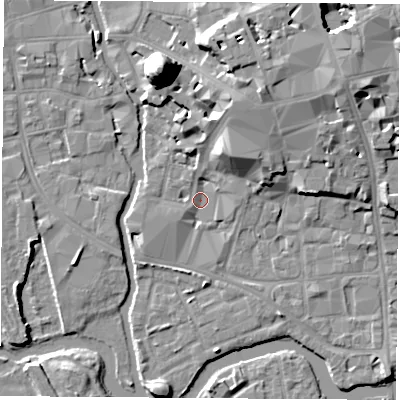 Shaded relief map of the ground around OX11NZ, computed from Environment Agency LiDAR. The ground here sits at about 57 m above sea level and falls 22 m across the surrounding 800 m. Surface water reaching this point runs off ground lying to the north-north-east, 8.4 m higher.