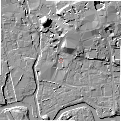 Shaded relief map of the ground around OX11PB, computed from Environment Agency LiDAR. The ground here sits at about 57 m above sea level and falls 22 m across the surrounding 800 m. Surface water reaching this point runs off ground lying to the north-north-east, 8.4 m higher.