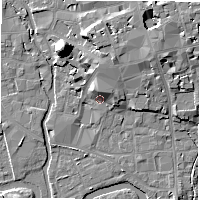 Shaded relief map of the ground around OX11PE, computed from Environment Agency LiDAR. The ground here sits at about 59 m above sea level and falls 21 m across the surrounding 800 m. Surface water reaching this point runs off ground lying to the north, 6.1 m higher.