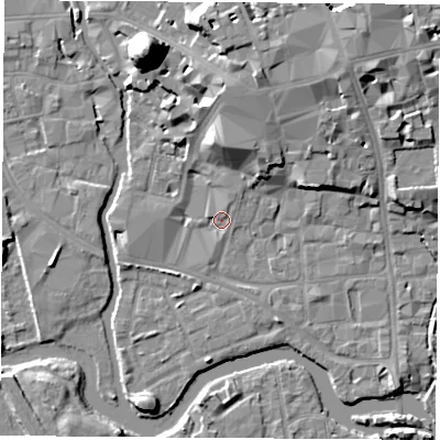 Shaded relief map of the ground around OX11PG, computed from Environment Agency LiDAR. The ground here sits at about 57 m above sea level and falls 22 m across the surrounding 800 m. Surface water reaching this point runs off ground lying to the north-north-east, 1.9 m higher.