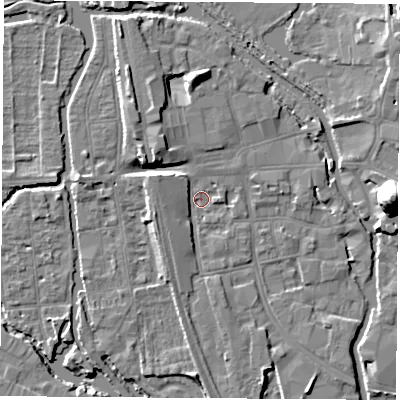 Shaded relief map of the ground around OX11PP, computed from Environment Agency LiDAR. The ground here sits at about 57 m above sea level and falls 22 m across the surrounding 800 m. Surface water reaching this point runs off ground lying to the north-west, 5.7 m higher.