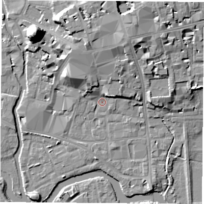Shaded relief map of the ground around OX11QT, computed from Environment Agency LiDAR. The ground here sits at about 57 m above sea level and falls 22 m across the surrounding 800 m. Surface water reaching this point runs off ground lying to the north-north-west, 9.2 m higher.