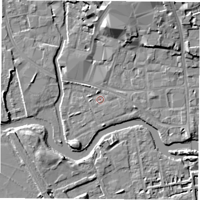Shaded relief map of the ground around OX11RP, computed from Environment Agency LiDAR. The ground here sits at about 56 m above sea level and falls 10 m across the surrounding 800 m. Surface water reaching this point runs off ground lying to the north-east, 9.4 m higher.
