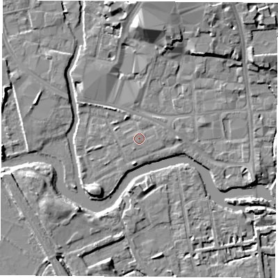 Shaded relief map of the ground around OX11RT, computed from Environment Agency LiDAR. The ground here sits at about 57 m above sea level and falls 9 m across the surrounding 800 m. Surface water reaching this point runs off ground lying to the east-north-east, 0.8 m higher.