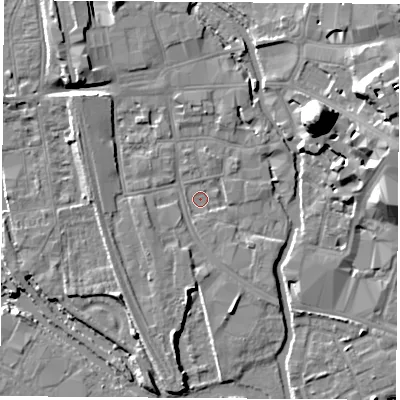 Shaded relief map of the ground around OX11RX, computed from Environment Agency LiDAR. The ground here sits at about 57 m above sea level and falls 22 m across the surrounding 800 m. Surface water reaching this point runs off ground lying to the south-south-east, 1.1 m higher.