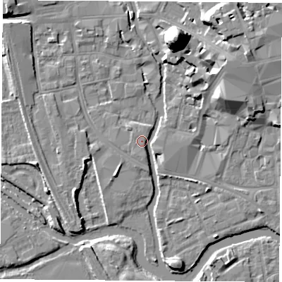 Shaded relief map of the ground around OX11SA, computed from Environment Agency LiDAR. The ground here sits at about 58 m above sea level and falls 22 m across the surrounding 800 m. Surface water reaching this point runs off ground lying to the north-north-east, 20.7 m higher.