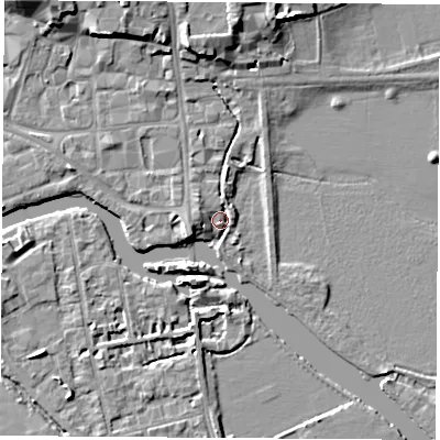 Shaded relief map of the ground around OX11SR, computed from Environment Agency LiDAR. The ground here sits at about 56 m above sea level and falls 8 m across the surrounding 800 m. Surface water reaching this point runs off ground lying to the west-north-west, 3.1 m higher.