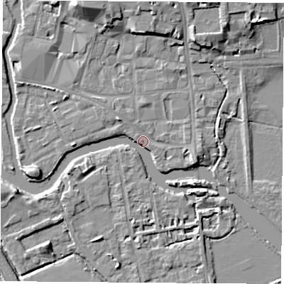 Shaded relief map of the ground around OX11SU, computed from Environment Agency LiDAR. The ground here sits at about 57 m above sea level and falls 9 m across the surrounding 800 m. Surface water reaching this point runs off ground lying to the north-north-west, 9.2 m higher.