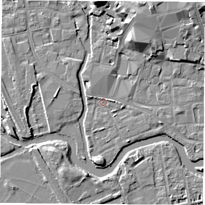Shaded relief map of the ground around OX11TS, computed from Environment Agency LiDAR. The ground here sits at about 57 m above sea level and falls 19 m across the surrounding 800 m. Surface water reaching this point runs off ground lying to the north-north-east, 10.2 m higher.