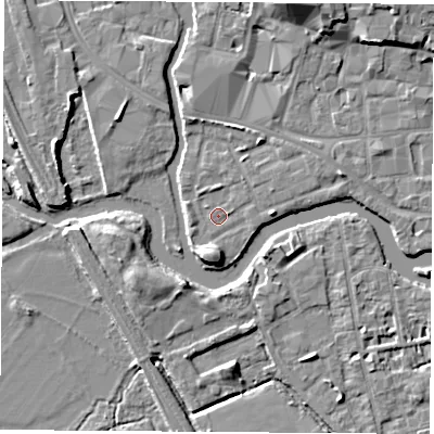 Shaded relief map of the ground around OX11TU, computed from Environment Agency LiDAR. The ground here sits at about 56 m above sea level and falls 9 m across the surrounding 800 m. Surface water reaching this point runs off ground lying to the east, 2.5 m higher.