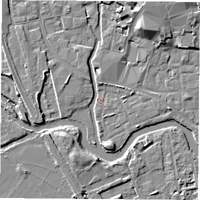 Shaded relief map of the ground around OX11TY, computed from Environment Agency LiDAR. The ground here sits at about 56 m above sea level and falls 10 m across the surrounding 800 m. Surface water reaching this point runs off ground lying to the north-north-east, 8.9 m higher.