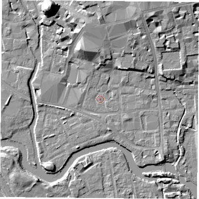 Shaded relief map of the ground around OX11UA, computed from Environment Agency LiDAR. The ground here sits at about 57 m above sea level and falls 22 m across the surrounding 800 m. Surface water reaching this point runs off ground lying to the north, 9.6 m higher.
