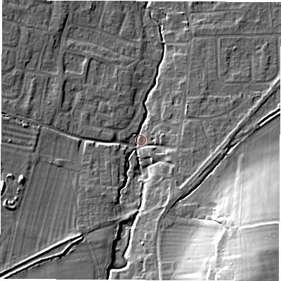 Shaded relief map of the ground around OX120AA, computed from Environment Agency LiDAR. The ground here sits at about 76 m above sea level and falls 28 m across the surrounding 800 m. Surface water reaching this point runs off ground lying to the south-west, 6.9 m higher.