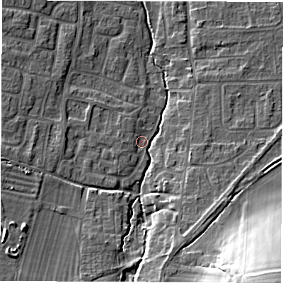 Shaded relief map of the ground around OX120AF, computed from Environment Agency LiDAR. The ground here sits at about 76 m above sea level and falls 24 m across the surrounding 800 m. Surface water reaching this point runs off ground lying to the south-south-east, 7.0 m higher.