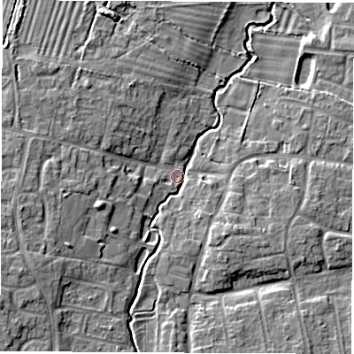 Shaded relief map of the ground around OX120AN, computed from Environment Agency LiDAR. The ground here sits at about 73 m above sea level and falls 8 m across the surrounding 800 m. Surface water reaching this point runs off ground lying to the west-south-west, 6.7 m higher.